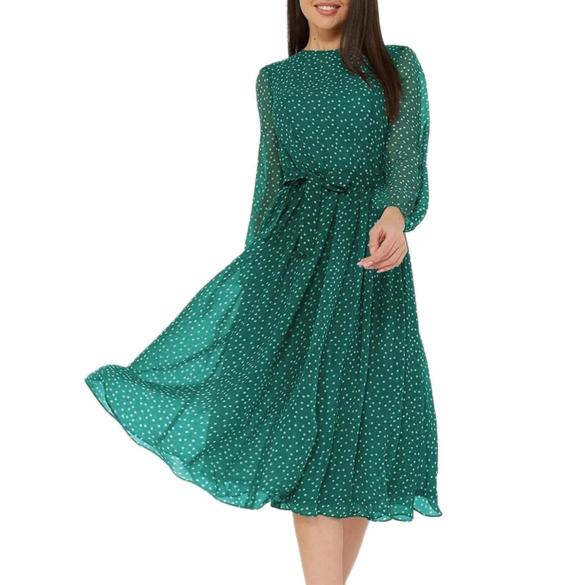 Print Dot Dress Women Casual Long Sleeve Round Neck Midi Dresses Lace Up Vocation Elegant Vestidos Summer 2025 Y2k Streetwear Lizbert