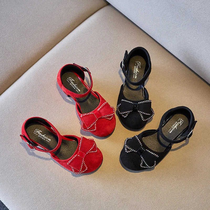 2025 New Children Girls Sandals Solid Color Bow Rhinestones Cute Kids Fashion Princess Elegant Mary Janes for Party Wedding Lizbert