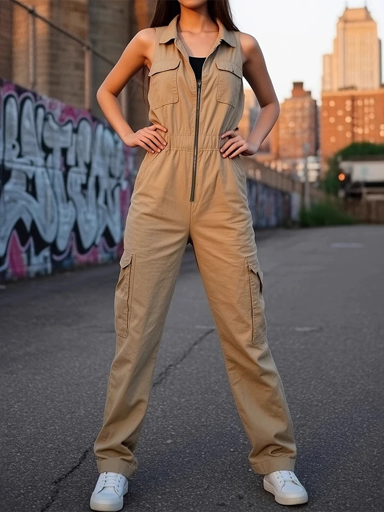 Fashion Lapel Sleeveless Jumpsuit Elegant Lady Solid Zipper Commute Romper Summer New High Waist Pocket Women Playsuits Overalls