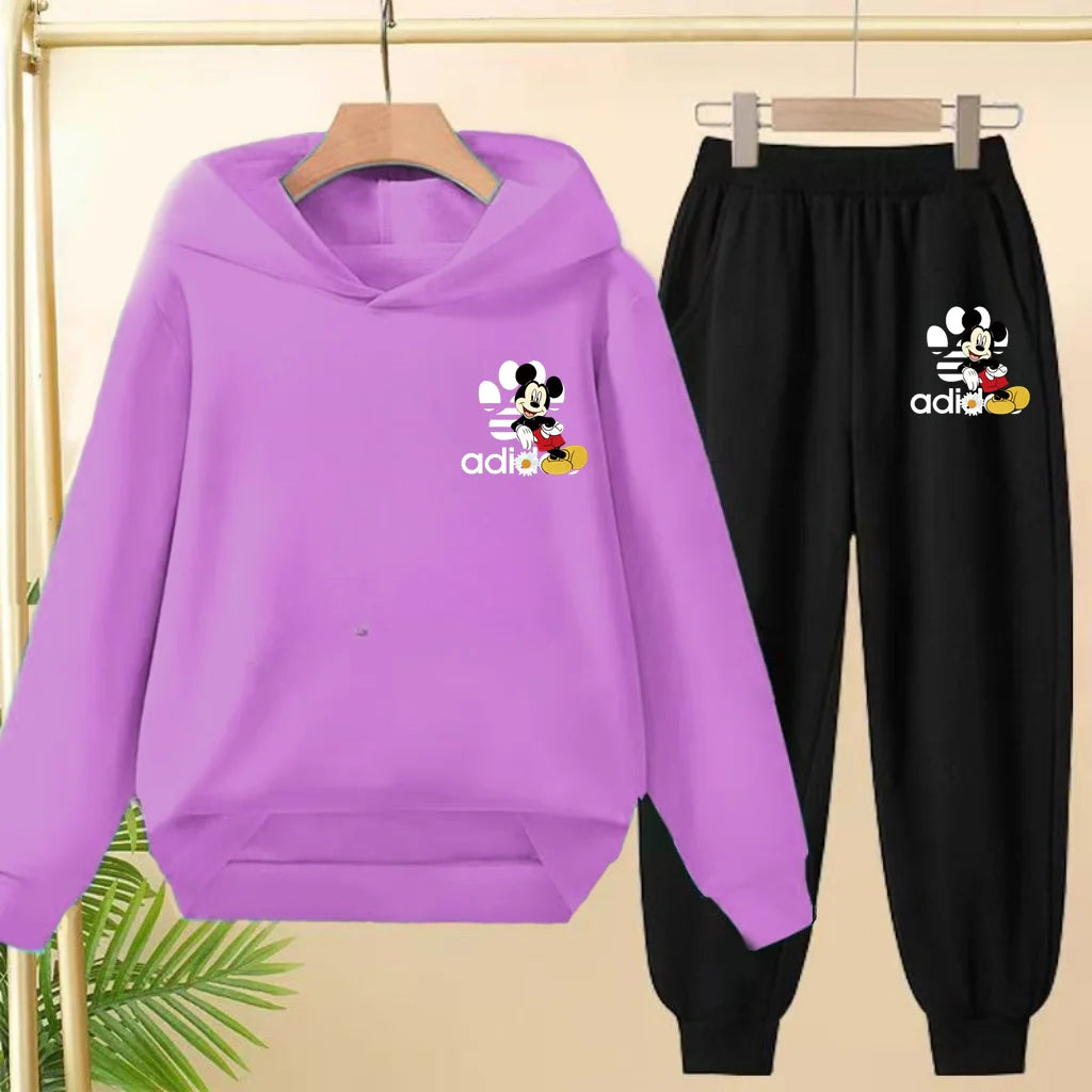 Children's Black Hoodie Anime Mickey Print Pullover 3-12Yrs Coat Sweatshirt+Pants Boys Girls Toddler Sports Clothing Leisure Set