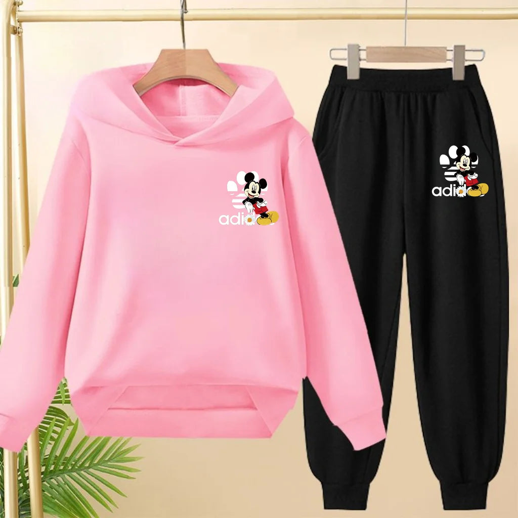 Children's Black Hoodie Anime Mickey Print Pullover 3-12Yrs Coat Sweatshirt+Pants Boys Girls Toddler Sports Clothing Leisure Set