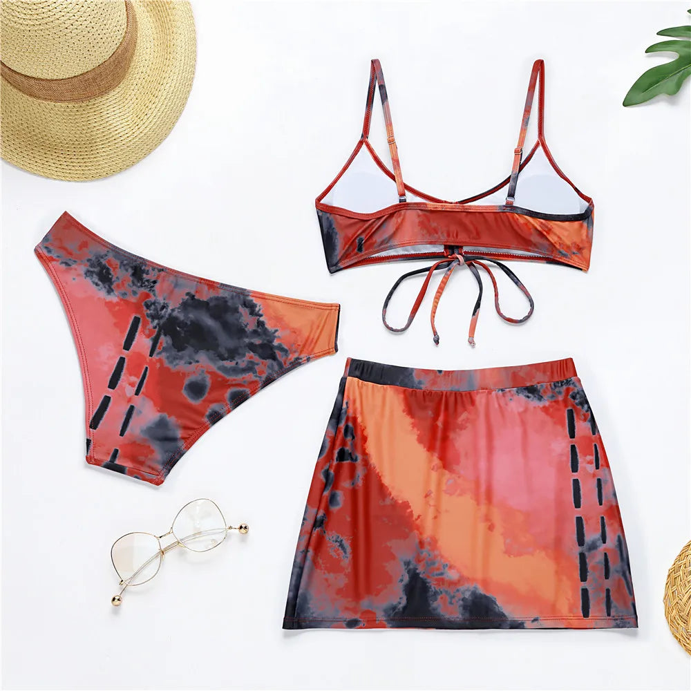 3 Piece Bikini Set Sexy Swimsuit Swimwear Women Drawstring Tie Dye Print Bikinis Set Bathing Suit Beach Skirt Cover Up Biquinis - Lizbert