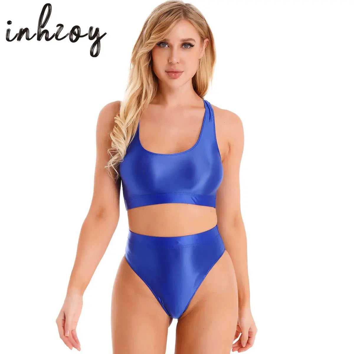 womens swimsuit Oil Glossy Swimsuit Outfit Tank Crop Top With Briefs Panties Shorts Workout Sports Suit Pole Dancing Clubwear Swimsuit Lizbert