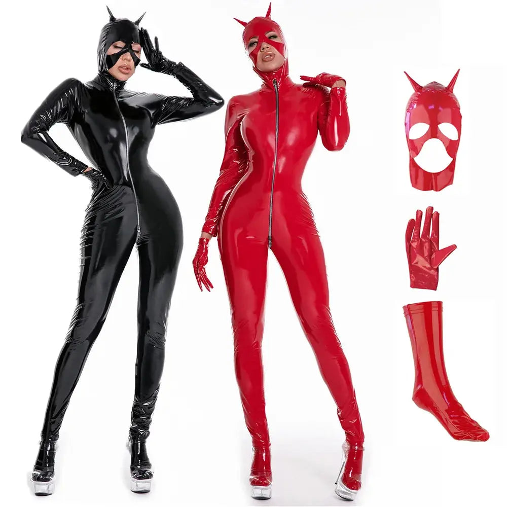 Latex Catsuit Women Wet Look Shiny PU Faux Leather Jumpsuits Suit Long Sleeve Zip Open Crotch Bodysuit Clubwear Plus Size S-5XL Lizbert