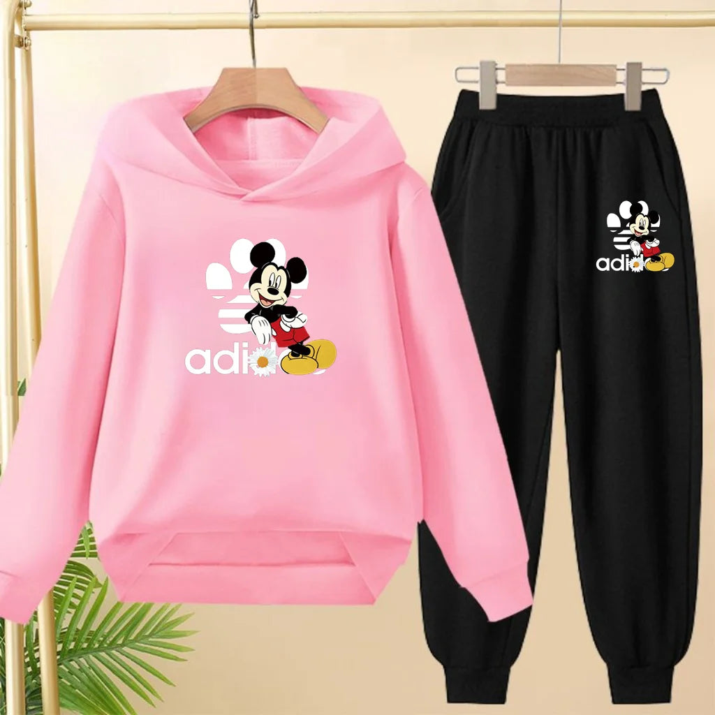 Children's Black Hoodie Anime Mickey Print Pullover 3-12Yrs Coat Sweatshirt+Pants Boys Girls Toddler Sports Clothing Leisure Set