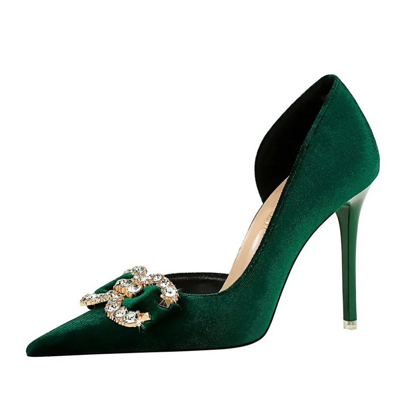 Fashion Women High Heel Rhinestone Buckle Bow Green Pink Pointed Toe Party Pumps Velvet Luxury Elegant Wedding Evening Shoes Lizbert