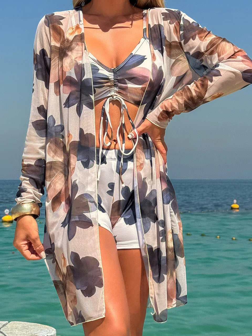 3 Pieces Tie Dye Bikinis Swimsuit 2025 New Women Drawstring Front Swimwear Female High Waist Shorts Bathers Swim Suit Beachwear - Lizbert