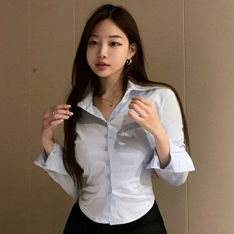 White Korean Sweet Shirt Y2K Slim Preppy Style Chiffon Female Long Sleeve Blouse Summer Fashion Office Casual Ladies Crop Tops Lizbert