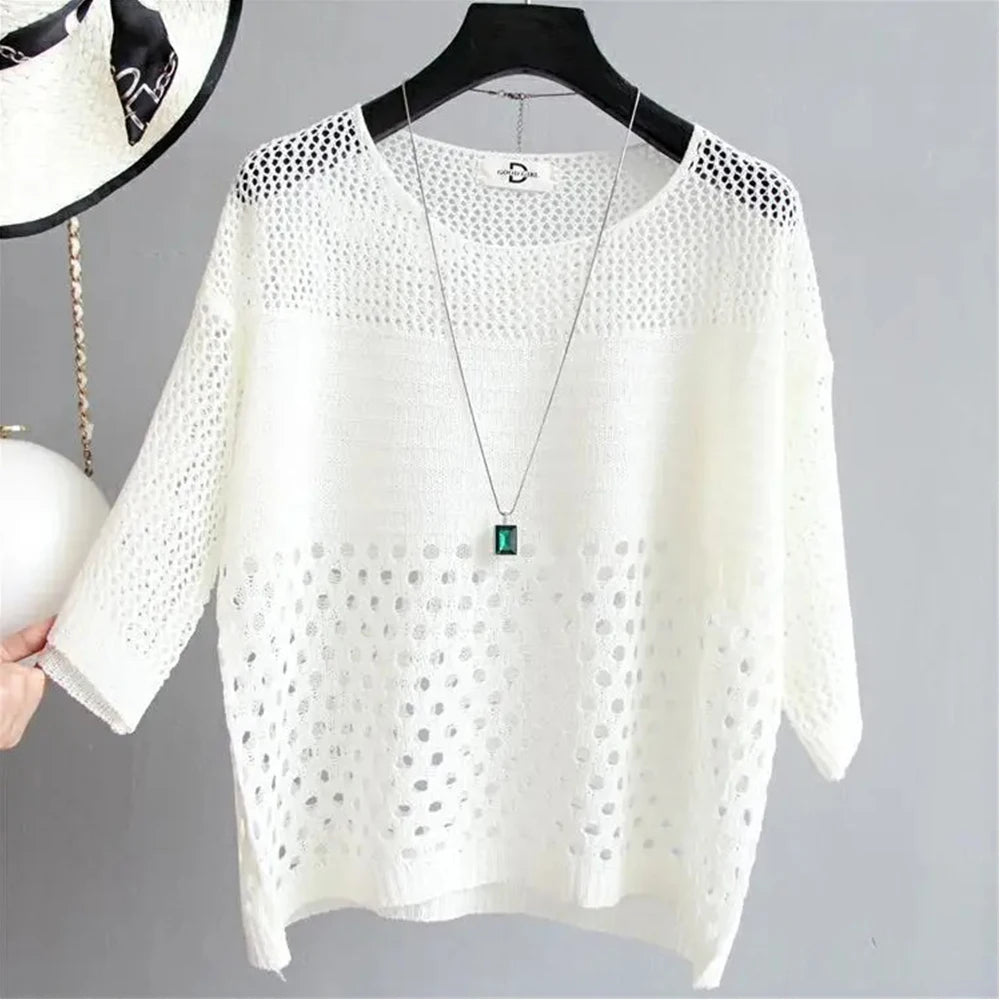 Spring and Summer New Ice Silk Knitted Vest Top Hollow Out Thin Bottoming Sling Streetwear Womens Clothing Shirt - Lizbert