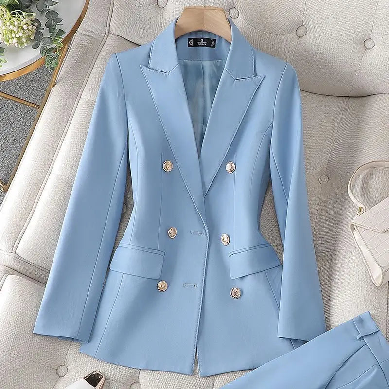 Fashion Office Ladies Pant Suit 2 Piece Sets Women Solid Double-breasted Business Work Wear Blazer Jacket and Trouser Female Lizbert
