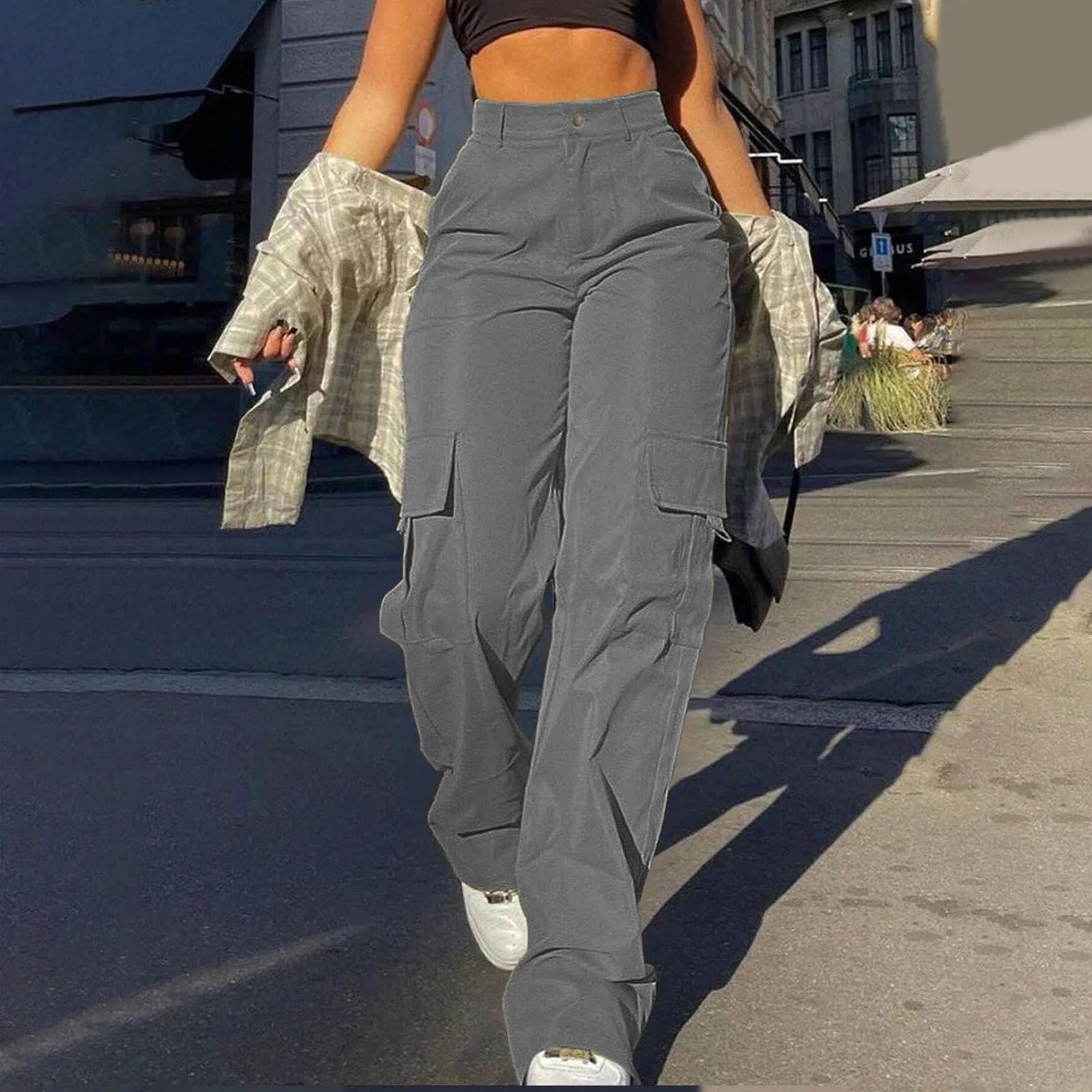 Women's Loose Cargo Pants High Waist Wide Leg Solid Color Full Length Trousers With Pockets Casual All Seasons Long Pantalones - Lizbert