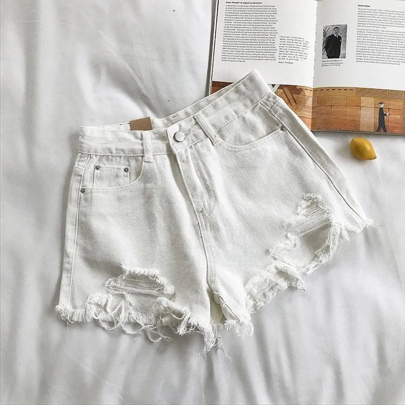 Korean Denim Shorts Women Summer Fashion Casual High Waist Ripped Jeans Pocket Tassel Y2K Hot Pants Streetwear Blue Trousers Lizbert