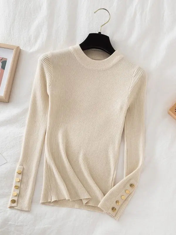 2025 women thick sweater pullovers khaki casual autumn winter button o-neck chic sweater female slim knit top soft jumper tops - Lizbert