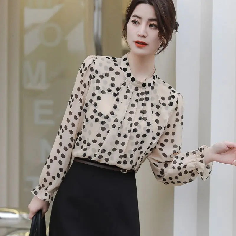 Spring Autumn New Round Neck Long Sleeve Blouse Women Fashion Ruffles Polka Dot Pullovers Elegant High Street All-match Tops Lizbert