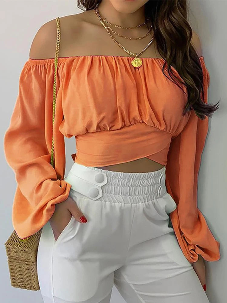 Women Elegant Boho Print Blouse Casual Long Lantern Sleeve Off Shoulder Slim Shirt Female Chic Cropped Top Summer Tunics Lizbert