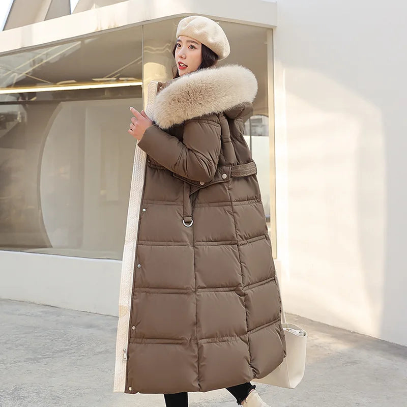 Winter 2025 New Women's Clothing Thickened Long Style Over the Knee Big Fur Collar Hooded Cotton Jacket Down Cotton Jacket Cot Lizbert