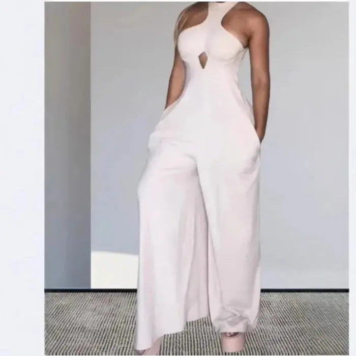 Elegant Jumpsuit Women Backless Hanging Neck Pocket Slim Fit Solid Color Bodysuit Conjoined Body Wide Leg Pants 2025 Summer New Lizbert