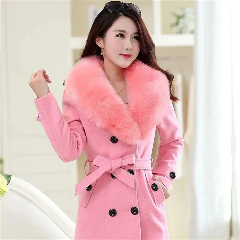 Korean Fashion Women Casual Loose Woolen Coat Elegant and Chic Solid Outerwear Long Overcoat with Belted Female Warm Cloak Lizbert