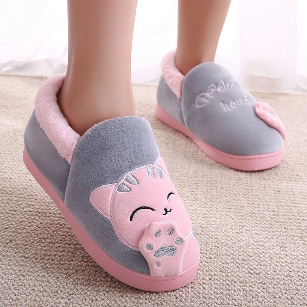 Women Winter Home Slippers Cartoon Cat Non-Slip Warm Indoors Bedroom Floor Shoes Zapatos Mujer 2024 Tendencia
