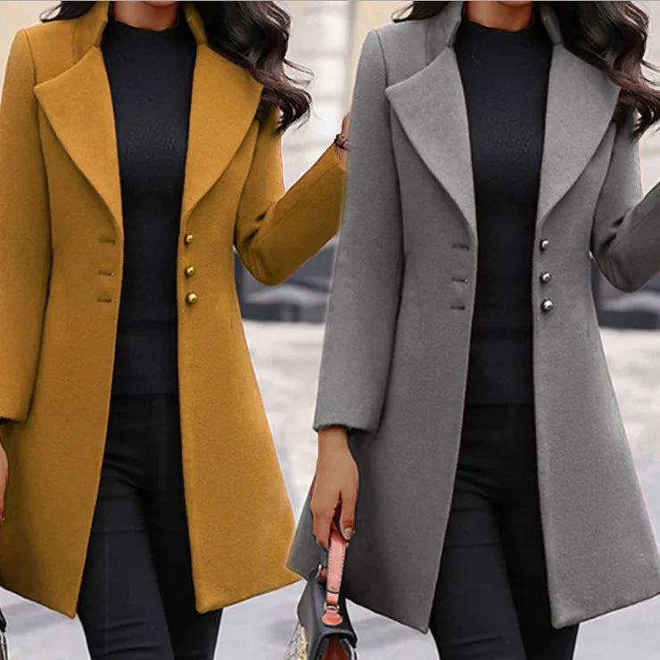 European and American autumn and winter coat Korean solid color slim mid-length button woolen coat Lizbert