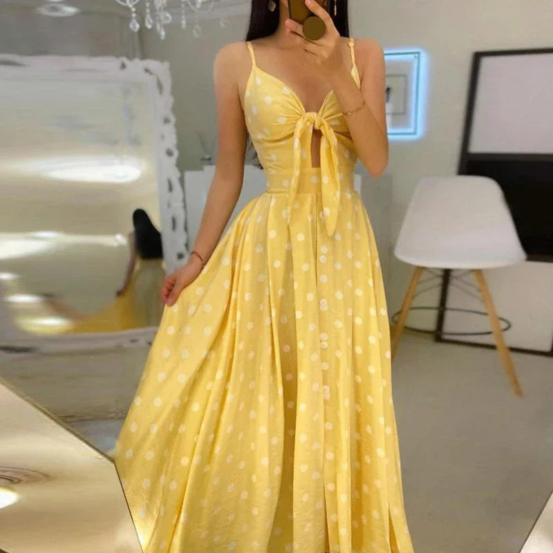 Sexy Summer Women V-Neck Sling Backless Dress Elegant Hollow Out BowKnot Long Party Dress Fashion Femme Dot Maxi Dress Vestido - Lizbert
