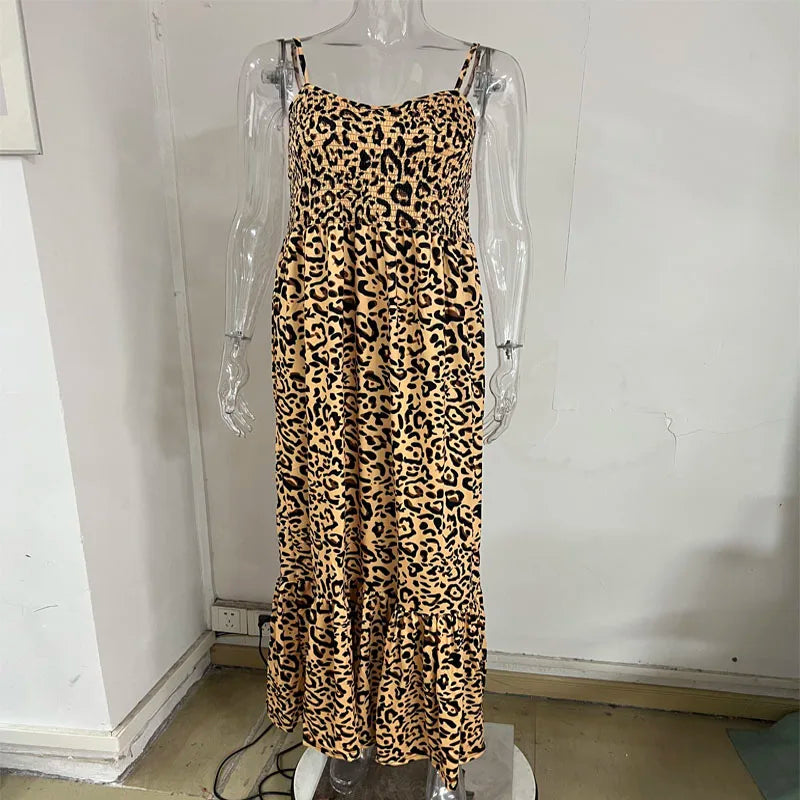 2023 European And American Summer New Leopard Ptteran Suspender V-Neck Dress High Waist Dress Sexy Temperament Fashion Long Dres