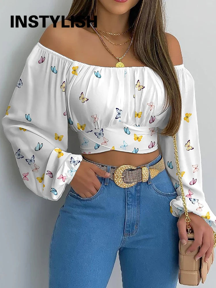 Women Elegant Boho Print Blouse Casual Long Lantern Sleeve Off Shoulder Slim Shirt Female Chic Cropped Top Summer Tunics Lizbert