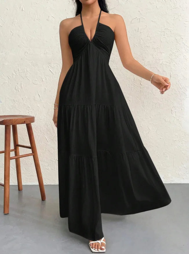 Sexy Deep V Neck Dress Lady Elegant Solid Halter Sleeveless Backless Loose Dresses For Women Fashion Beach Holiday Skirt Clothes - Lizbert
