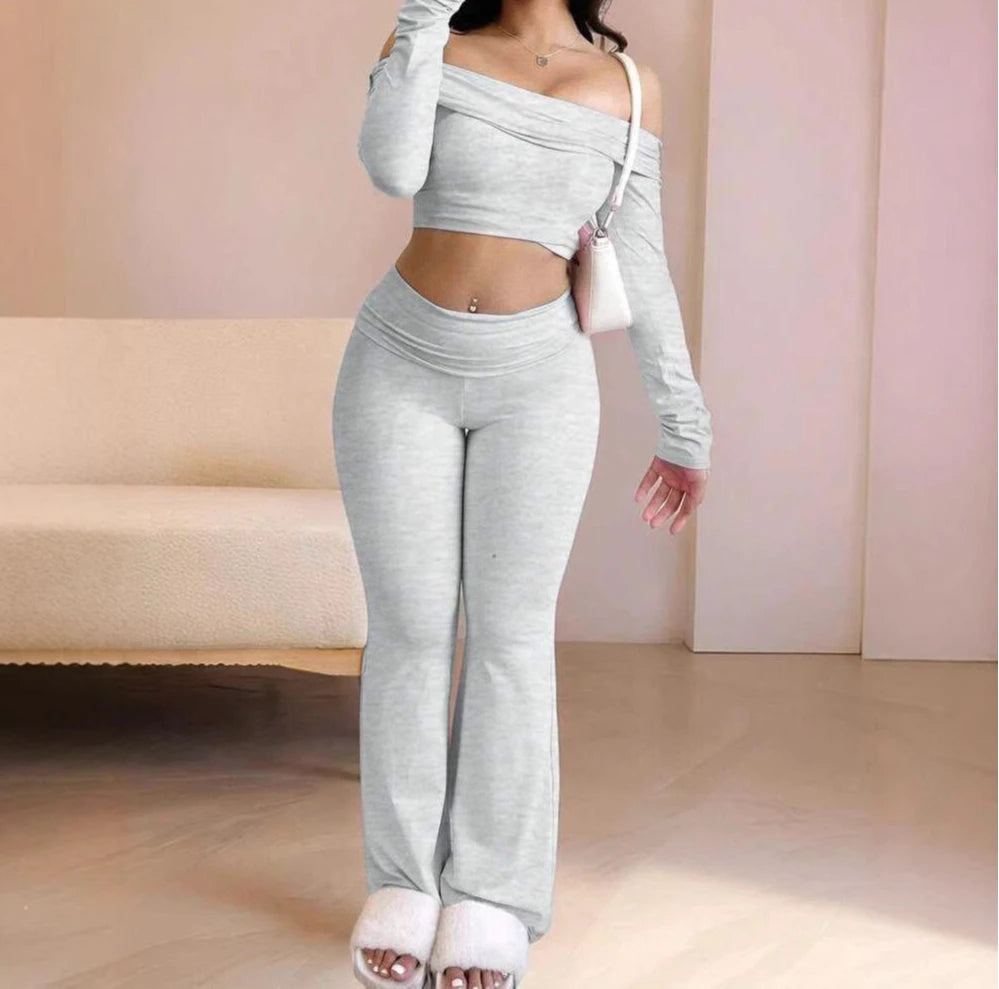 Casual Workout Two Piece Sets Woman Outfits Crop Long Sleeves Tops Foldover Flare Pants Tracksuit Suit Summer and Fall 2025 New - Lizbert
