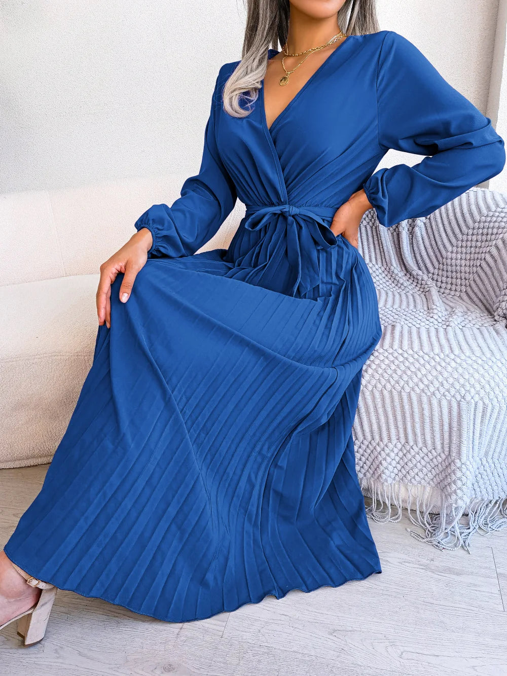 Women Elegant V Neck Long Sleeve Pleated Maxi Dress - Lizbert