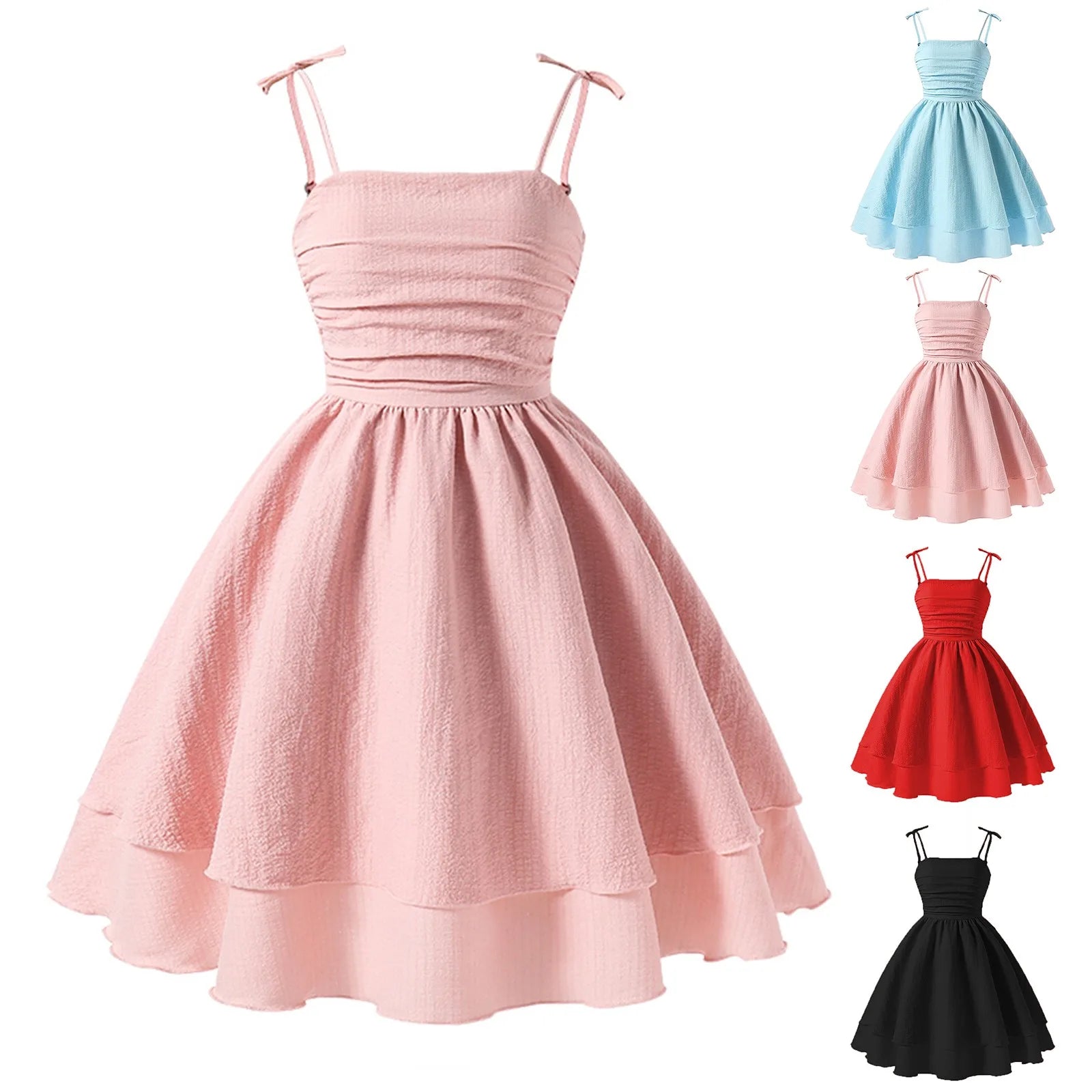 Girls' suspender princess dresses summer new bow suspender layered dress fashion solid color birthday party dresss 8-12Y