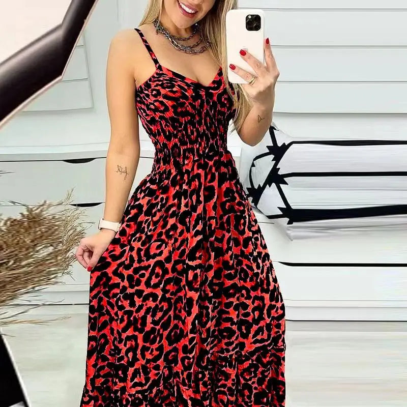 2023 European And American Summer New Leopard Ptteran Suspender V-Neck Dress High Waist Dress Sexy Temperament Fashion Long Dres
