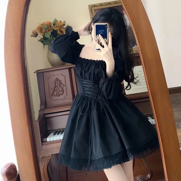 Halloween Gothic Grunge Punk Women Dress Long Sleeve Lace Slim Black Dresses New Y2K Harajuku Lolita Fairy Core Party Dress Lizbert