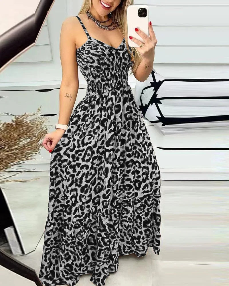 2023 European And American Summer New Leopard Ptteran Suspender V-Neck Dress High Waist Dress Sexy Temperament Fashion Long Dres