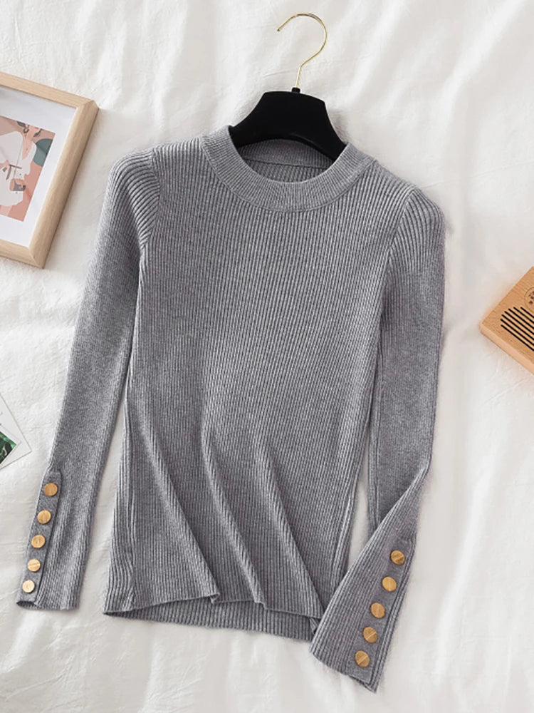 2025 women thick sweater pullovers khaki casual autumn winter button o-neck chic sweater female slim knit top soft jumper tops - Lizbert