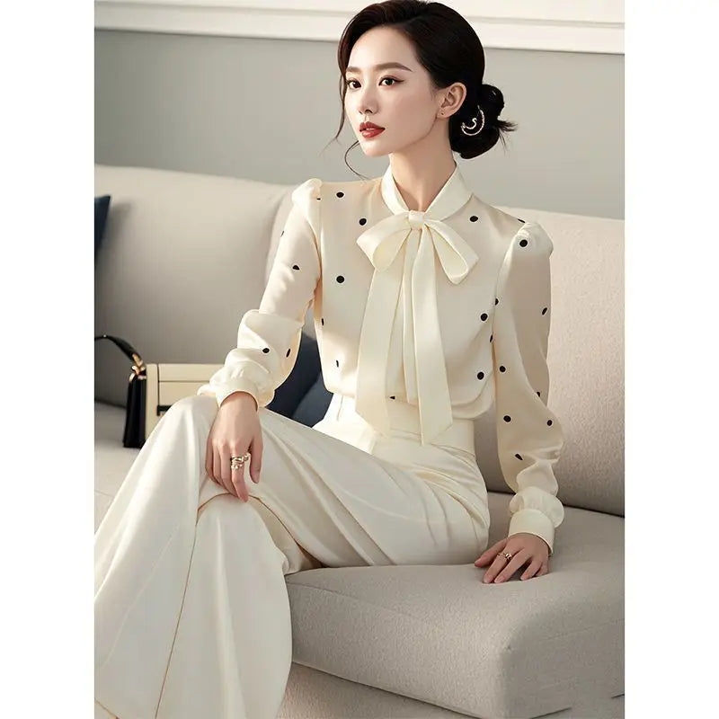 2026 Autumn Women's Polka Dot Bow Tie Blouse Long Sleeve Office Elegant Casual Chiffon Shirt French Style Stylish Ladies Tops Lizbert