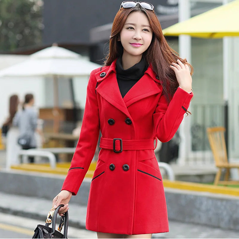 Autumn Winter Women Wool Coat 2024 Ladies Woolen Long Coat Female Fashion Slim-fit Double-Breasted Jacket with Belt S-3XL Lizbert