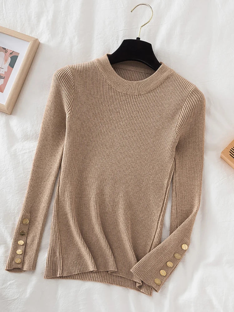 2025 women thick sweater pullovers khaki casual autumn winter button o-neck chic sweater female slim knit top soft jumper tops - Lizbert