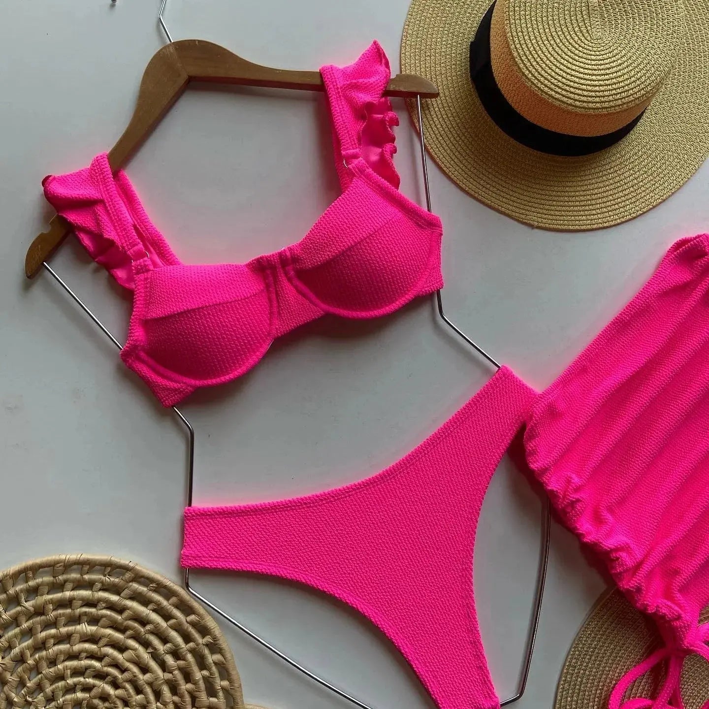 Solid Wavy Fabric Low Waist Bikini Set Cover Up Swimsuit For Women Push Up Ruffle Three Pieces Swimwear 2025 Beach Bathing Suits Lizbert