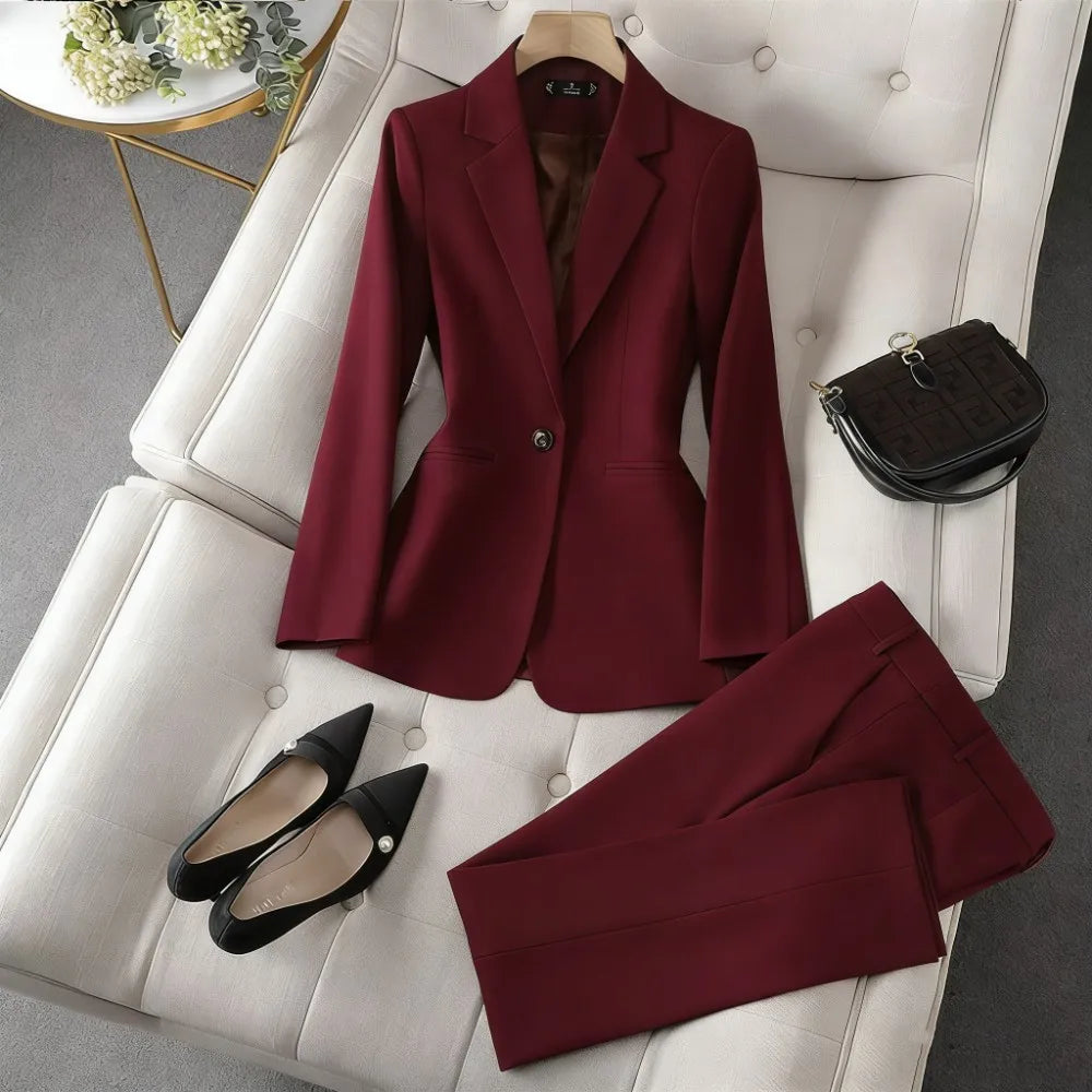 Brown Blazer Trousers Women's Suit Sets Long Sleeve Jacket Blazer Casual Office Ladies Pantsuit For Business Or Ceremony - Lizbert