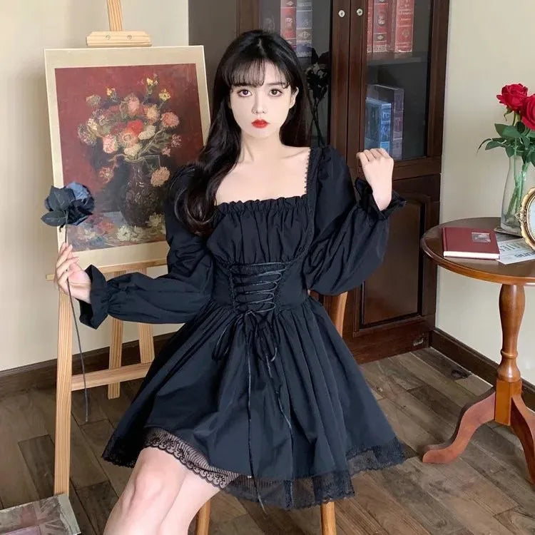Halloween Gothic Grunge Punk Women Dress Long Sleeve Lace Slim Black Dresses New Y2K Harajuku Lolita Fairy Core Party Dress Lizbert