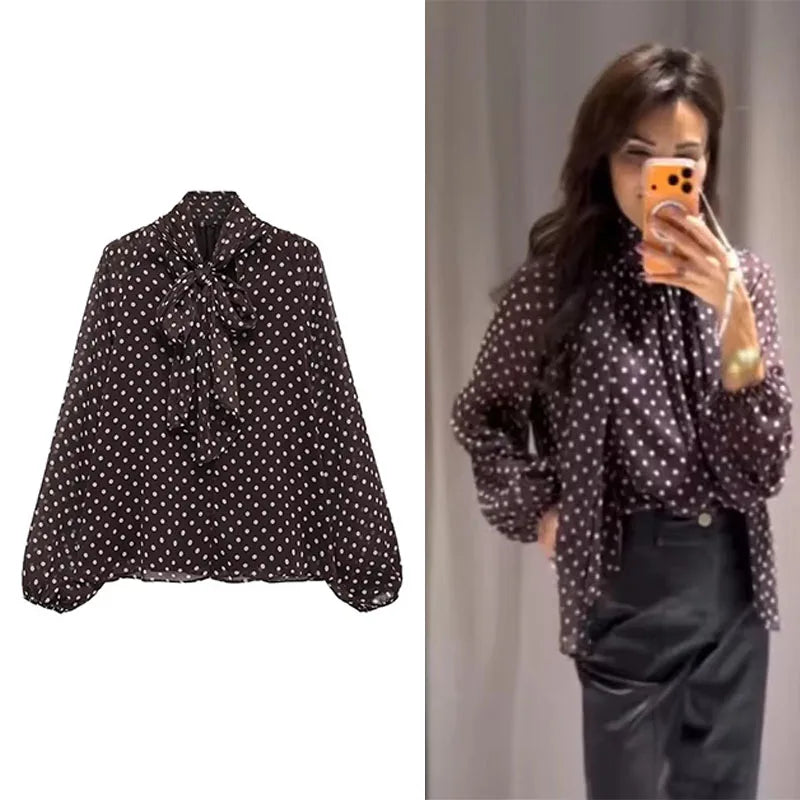 Polka Dot Printed Women Shirt 2025 Autumn New Bow Tied Blouse Woman Tops Lady Ruffles Long Sleeve Loose Elegant Blouses Top ﻿ Lizbert