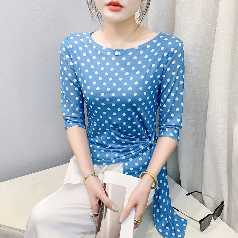 Summer Half Sleeve T-shirts Women Print Polka Dots Mesh Tops Girl Irregular Sweet Tshirt Lizbert