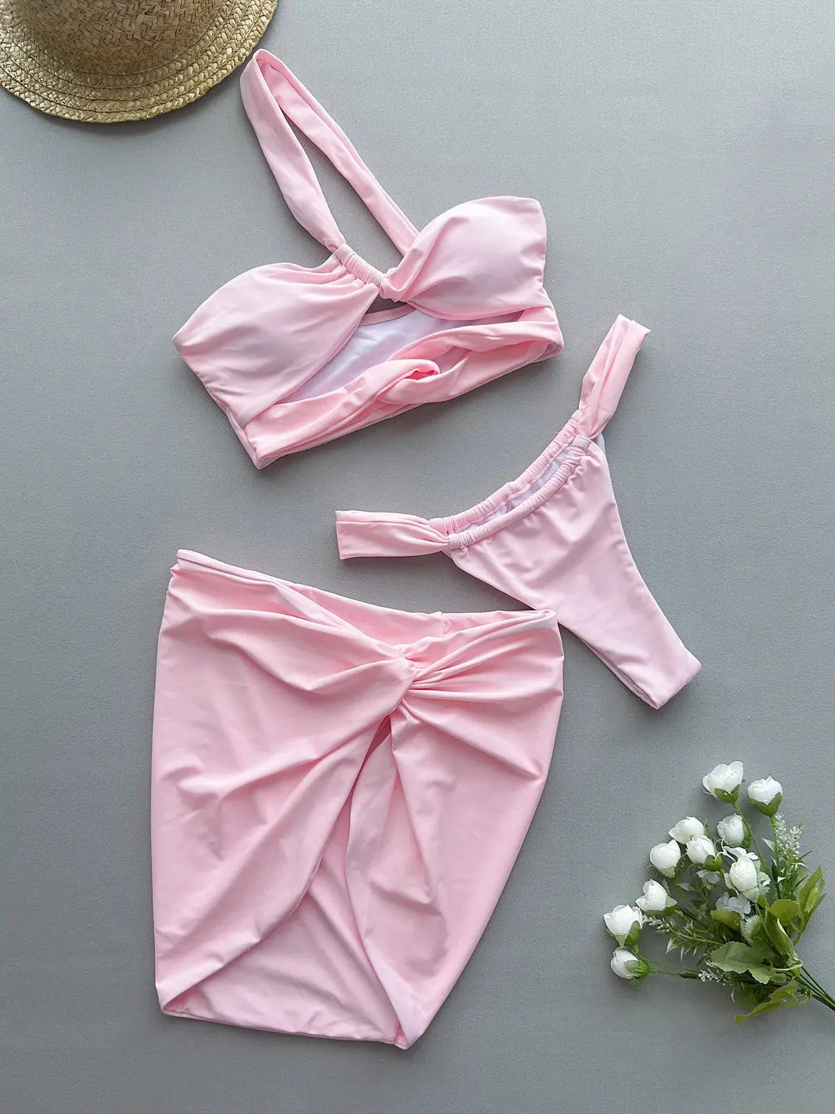 2026 New Sexy One shoulder Hollow Bikini Set Beach Cover Up Sexy Three Pieces Swimsuit Backless Bikini Swim Suits Beachwear Lizbert
