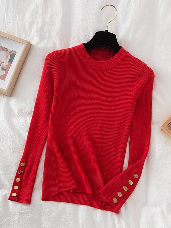 2025 women thick sweater pullovers khaki casual autumn winter button o-neck chic sweater female slim knit top soft jumper tops - Lizbert