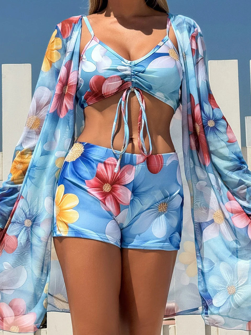 3 Pieces Tie Dye Bikinis Swimsuit 2025 New Women Drawstring Front Swimwear Female High Waist Shorts Bathers Swim Suit Beachwear - Lizbert