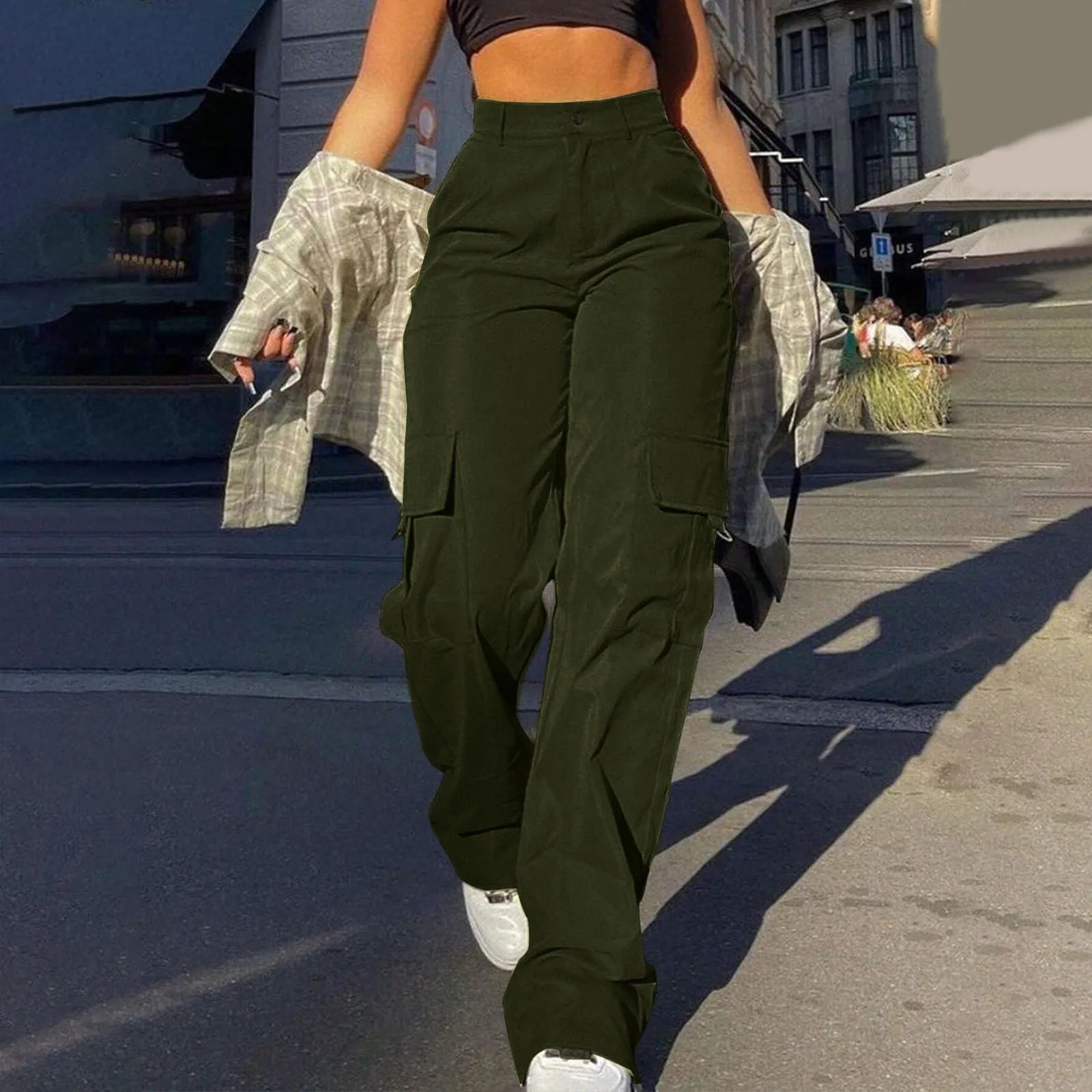 Women's Loose Cargo Pants High Waist Wide Leg Solid Color Full Length Trousers With Pockets Casual All Seasons Long Pantalones - Lizbert