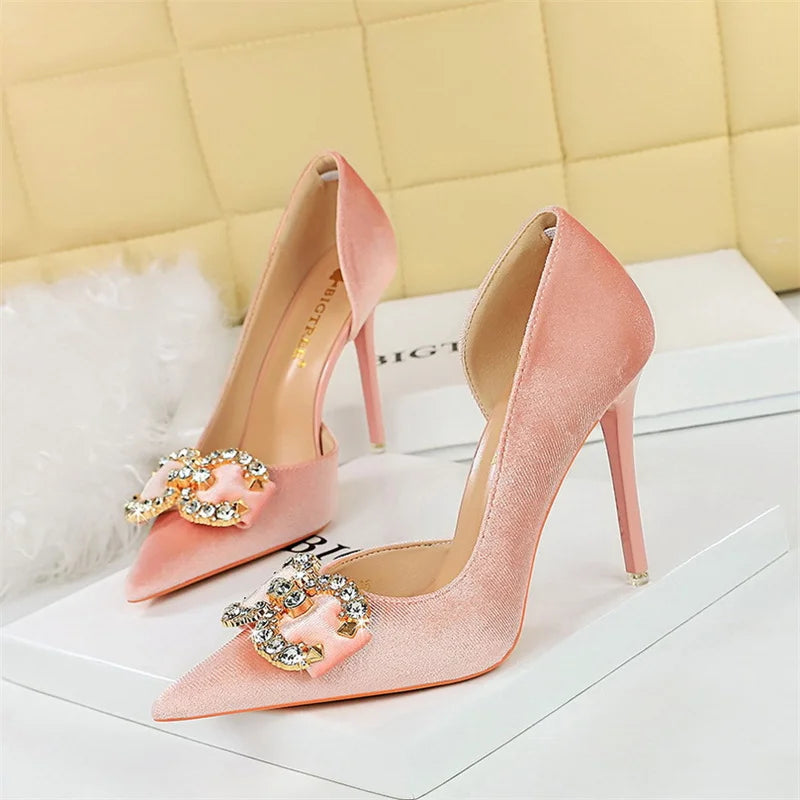 Fashion Women High Heel Rhinestone Buckle Bow Green Pink Pointed Toe Party Pumps Velvet Luxury Elegant Wedding Evening Shoes Lizbert