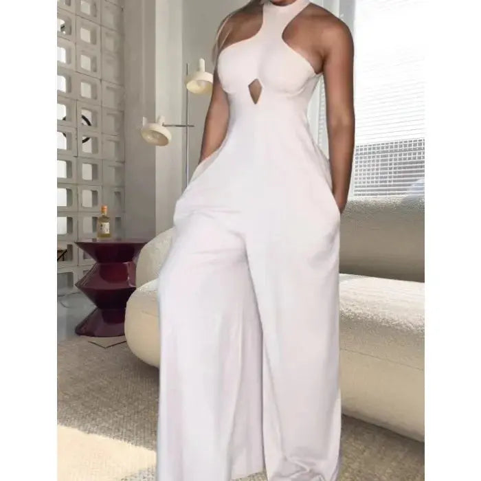 Elegant Jumpsuit Women Backless Hanging Neck Pocket Slim Fit Solid Color Bodysuit Conjoined Body Wide Leg Pants 2025 Summer New Lizbert