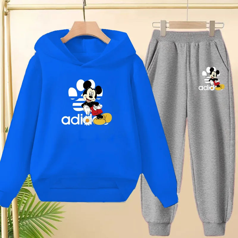 Children's Black Hoodie Anime Mickey Print Pullover 3-12Yrs Coat Sweatshirt+Pants Boys Girls Toddler Sports Clothing Leisure Set